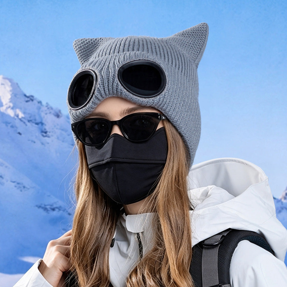 Double Layer Knit Winter Beanie with Goggles Cute Cat Ear Knit Beanie for Winter