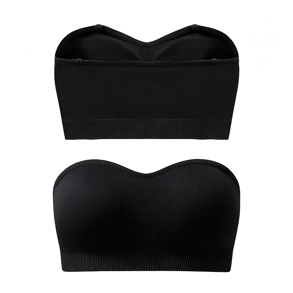 Women Strapless Wirefree Bandeau Bra with Removable Shoulder Straps-Black