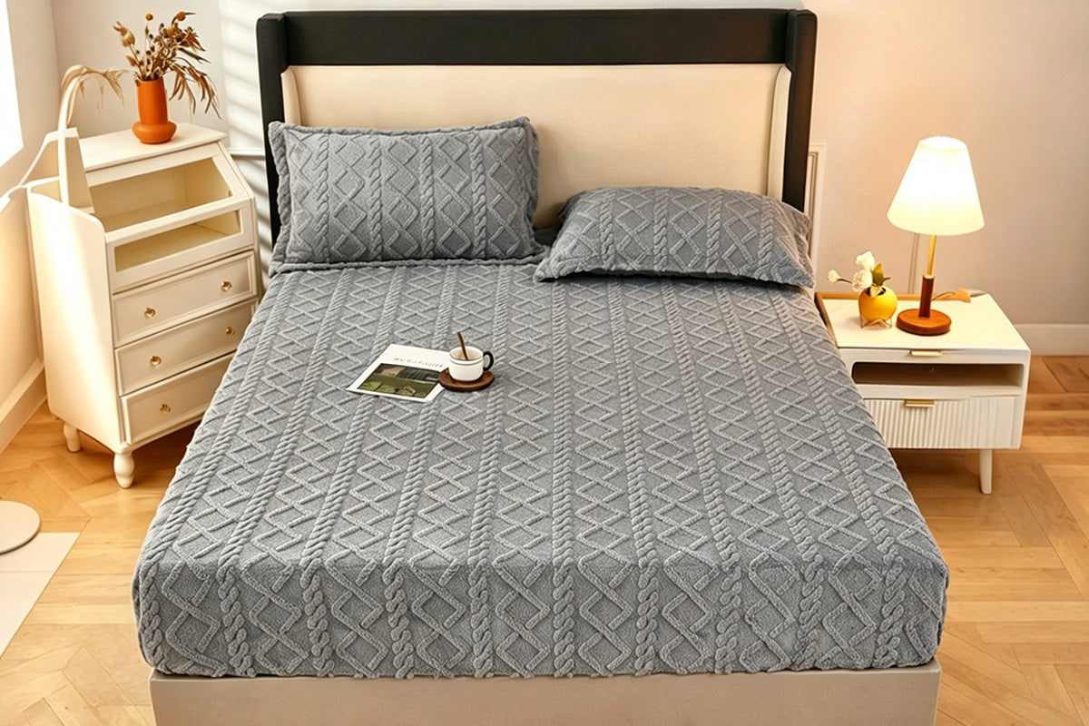 Fleece Textured Bed Fitted Sheet Plush Jacquard Warm Fitted Sheet Elastic Deep Pocket Mattress Cover