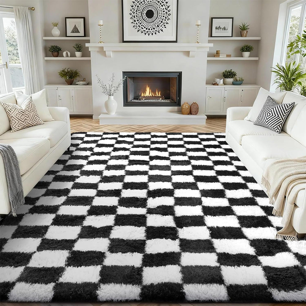 Soft Plush Shaggy Rug Checkered Thickened Non Slip Carpet for Living Room Bedroom