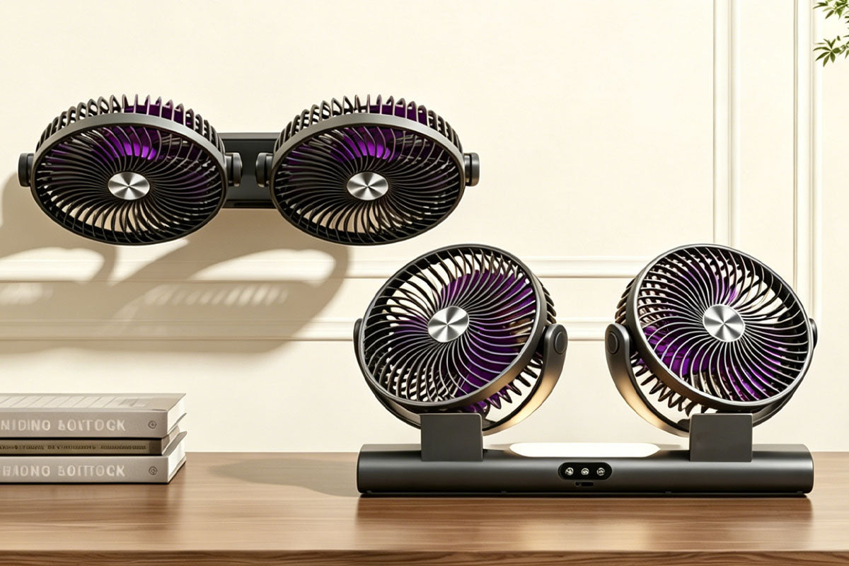 Dual Heads Rechargeable Hanging Fan 3 Speeds Fan with Night Light