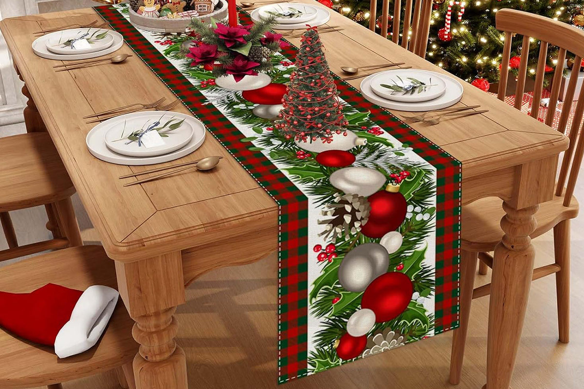 Linen Christmas Table Runner Long Farmhouse Holiday Home Kitchen Table Decorations