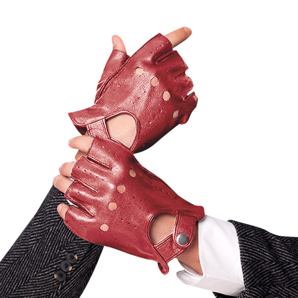 Mens Fingerless Leather Driving Gloves for Motorcycle Riding-Red