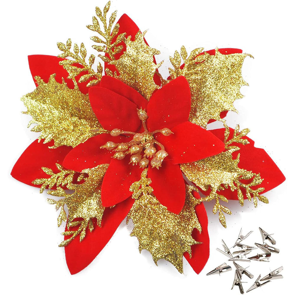 12Pcs Christmas Glitter Poinsettia Artificial Flower with Clip and Stem