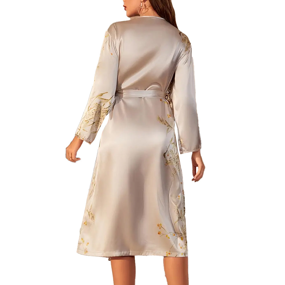 Casual Floral Print Satin Night Robe Long Sleeve V Neck Sleep Robe With Belt
