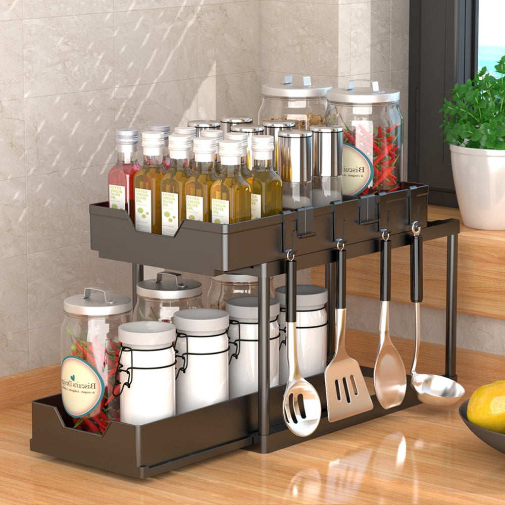 2 Tier Bathroom Cabinet Shelf Organizer Double Sliding Storage Rack with Hook