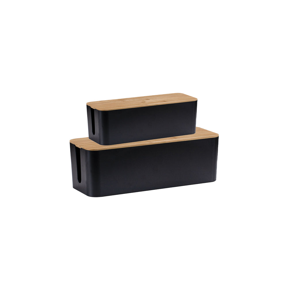 2Pcs Bamboo Lid Cable Management Storage Box for Home and Office-Black, S, M