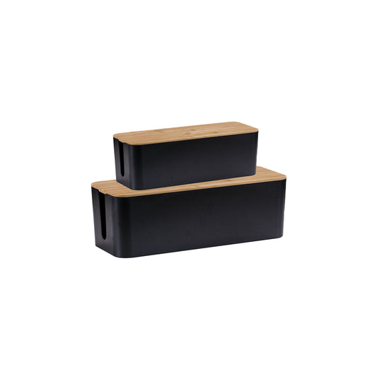 2Pcs Bamboo Lid Cable Management Storage Box for Home and Office-Black, S, M