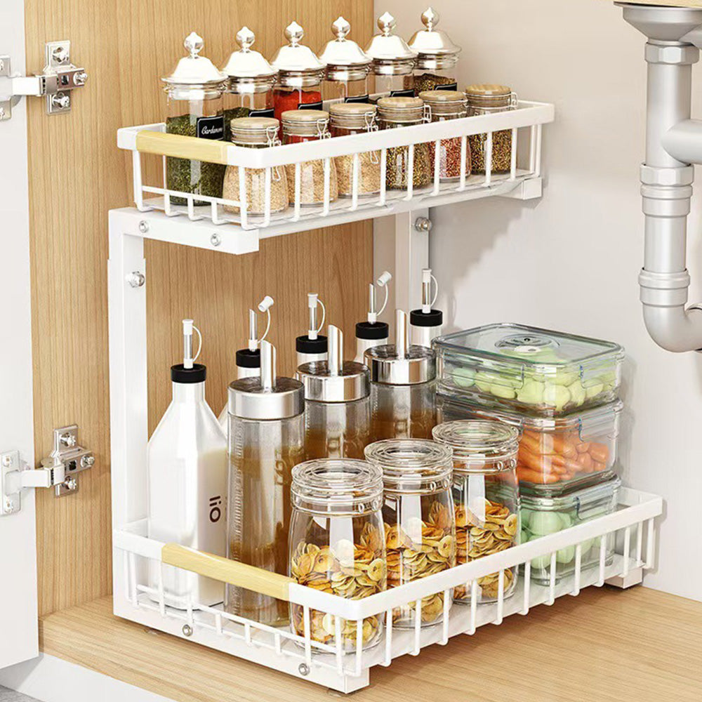 Under Sink Organizer 2 Tier Pull Out Cabinet Storage Slide Out Shelf Metal Sliding Drawer