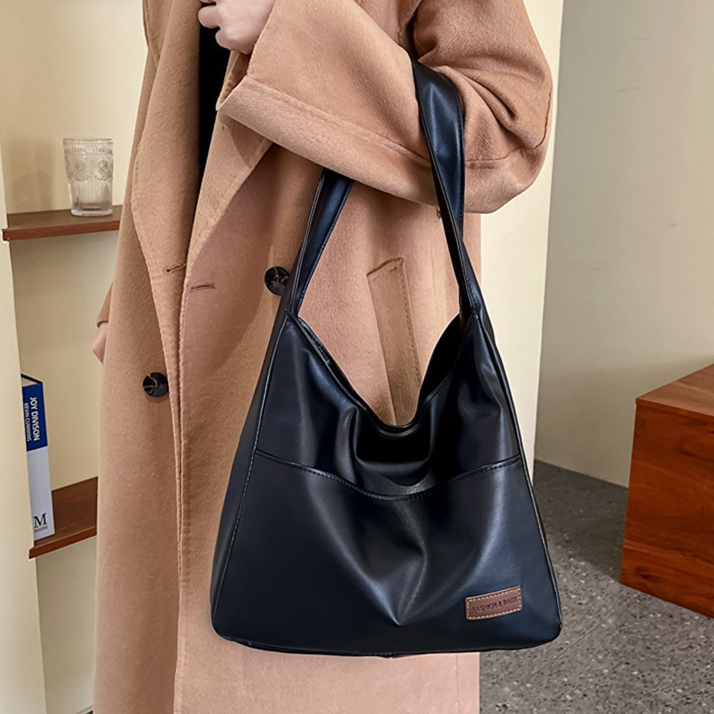 Solid Color PU Leather Shoulder Bag Large Capacity Tote Bag
