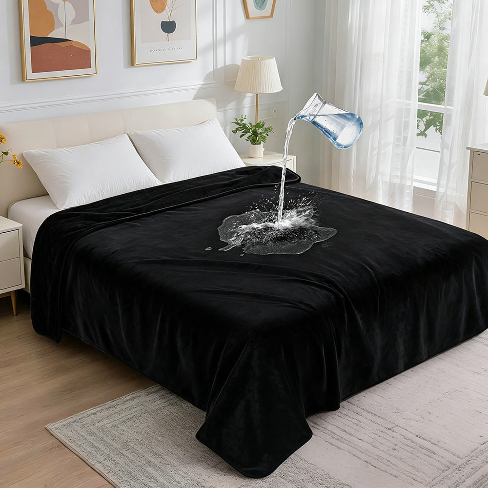 Water-Resistant Reversible Flannel Blanket Machine-Washable for Bed Sofa Camping-Black