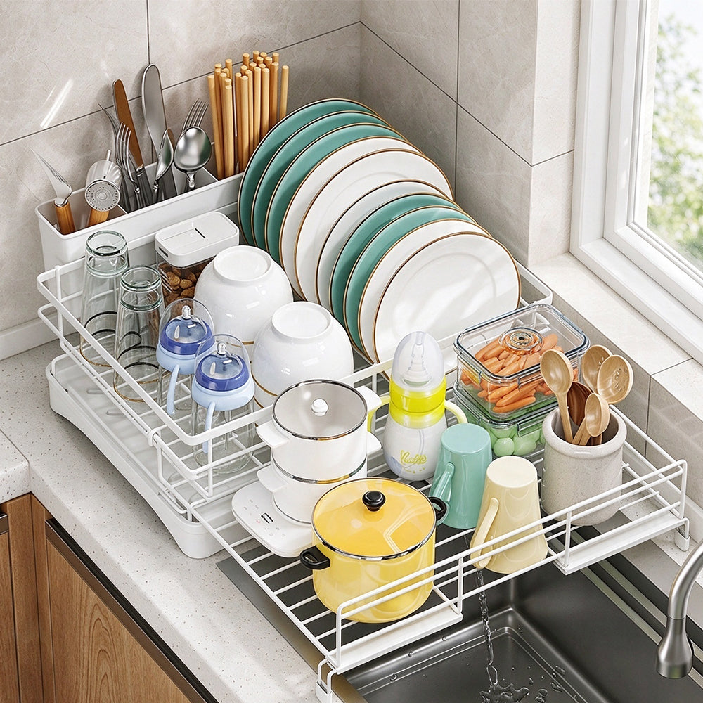 Expandable Carbon Steel Dish Drying Rack with Rotating Drain Spout-White