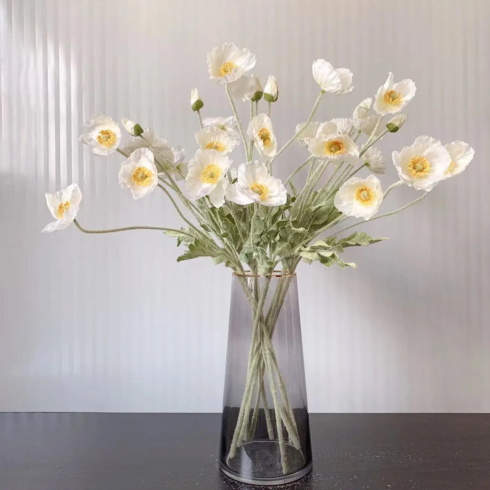 6Pcs 4 Head Artificial Poppy Flowers Papaver Rhoeas Flocking Stem Bouquet-White, Orange