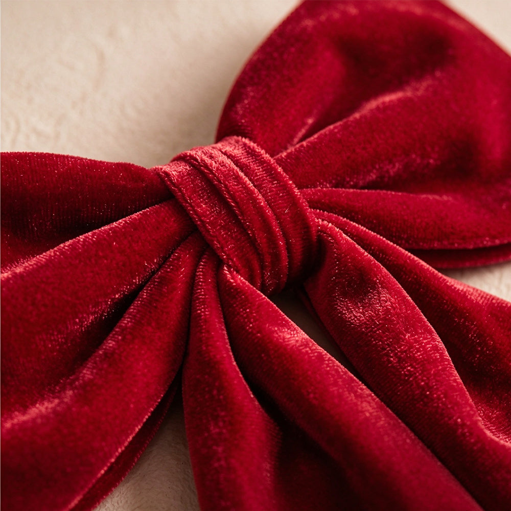 Vintage Burgundy Velvet Christmas Bow with Hanging Cord for Tree Decor