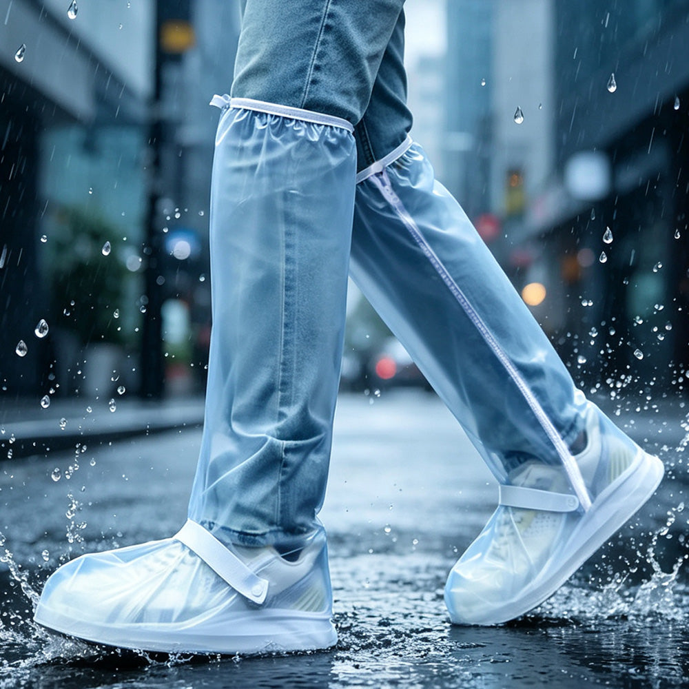 Water-resistant Shoe Covers with Reflective Strip Anti Slip Rain Boot Covers for Cycling Hiking-White