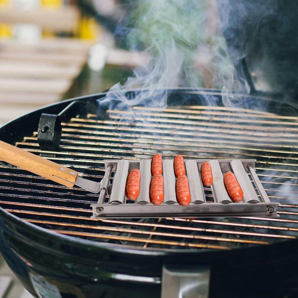 Stainless Steel Hot Dog Grill with Wooden Handle and 4 BBQ Skewers
