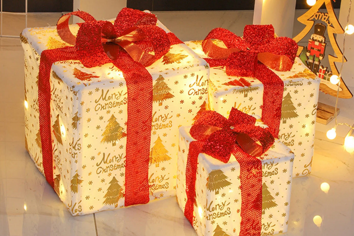 3PCS Christmas Lighted Gift Boxes With 8 Modes For Holiday Indoor Outdoor Decorations
