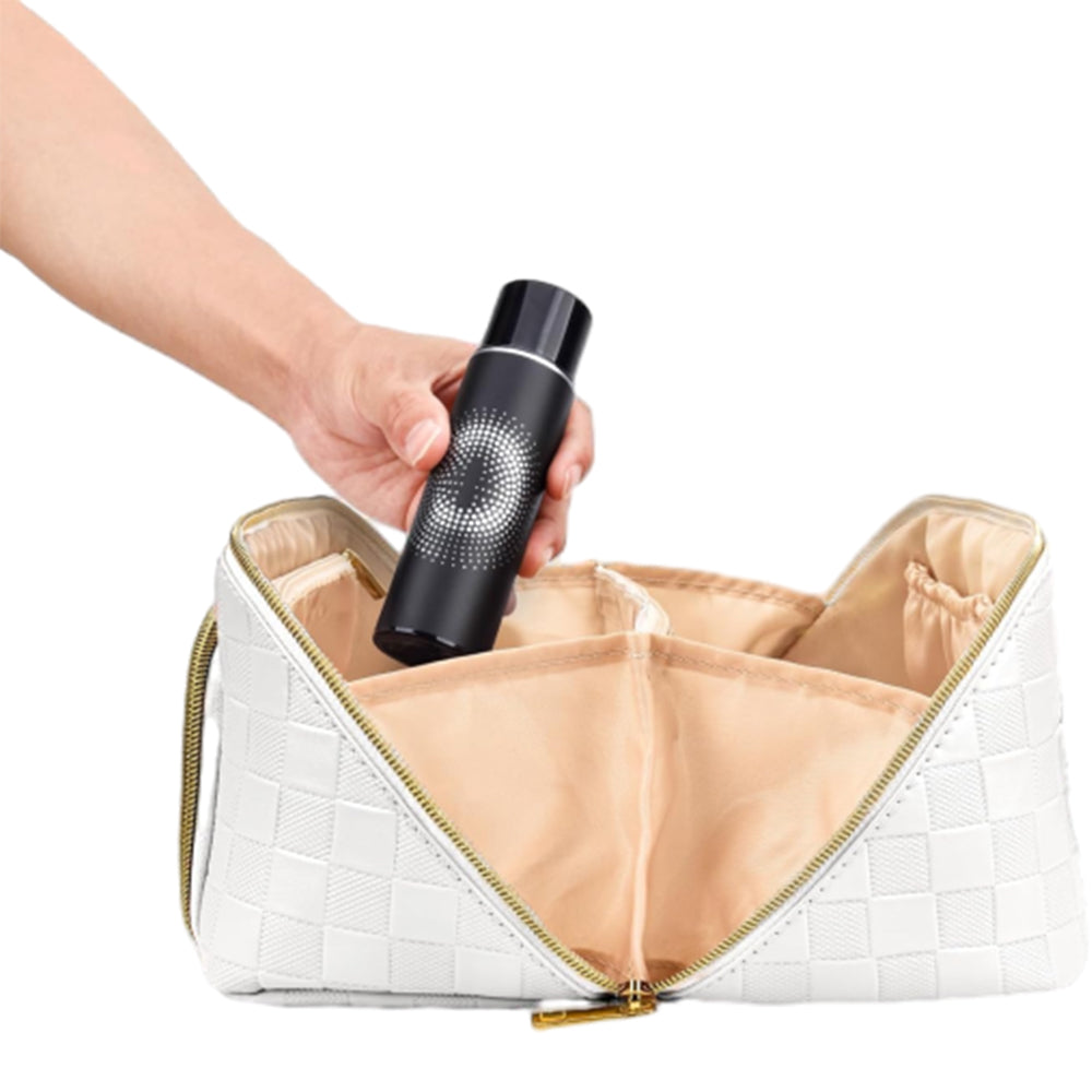 Large Capacity PU Leather Water-Resistant Checkered Cosmetic Bag Travel Makeup Bag