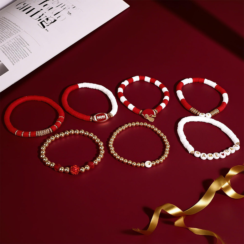7 Piece Elastic Clay Bead Football Bracelet Stack Set
