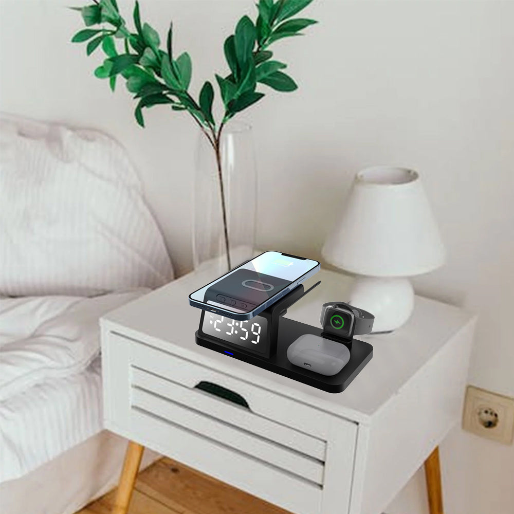 5 in 1 USB Plug Wireless Charging Station with Clock for Phone Watch