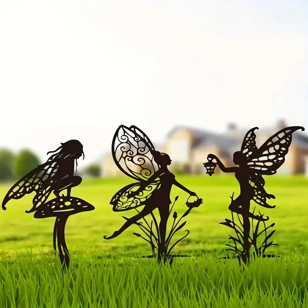 3Pcs Metal Fairy Silhouette Statue Sculpture Garden Yard Decorative Stake