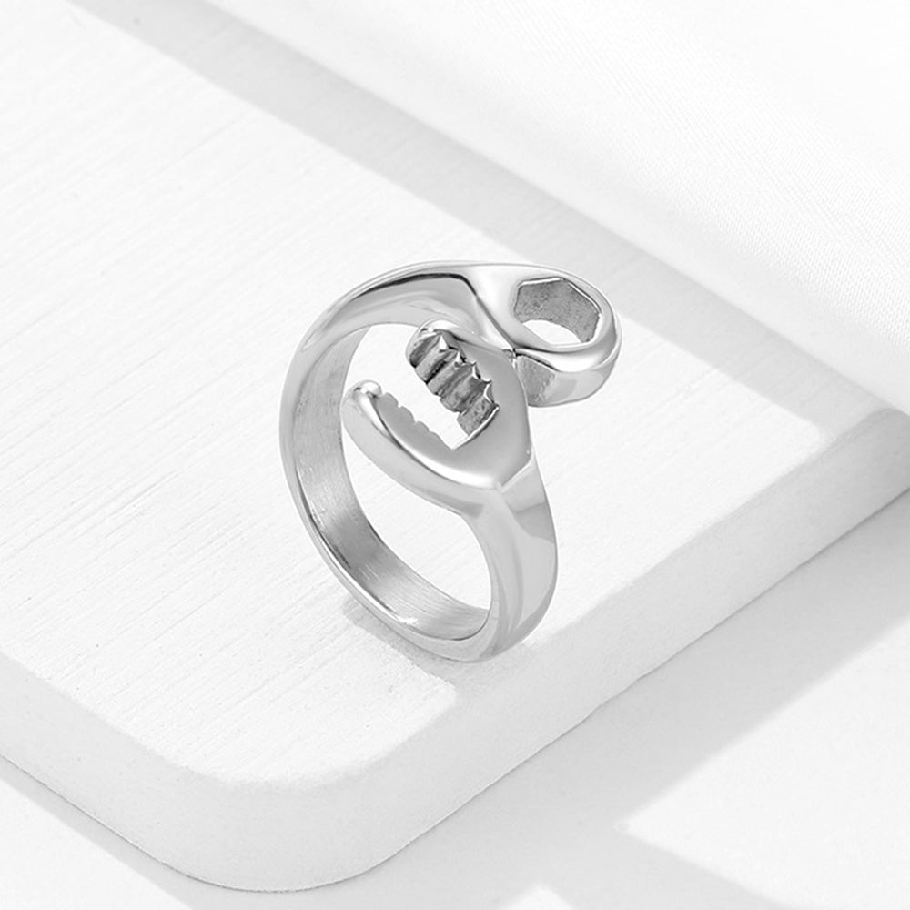 Stainless Steel Wrench Shaped Industrial Punk Ring for Men and Women-Silver