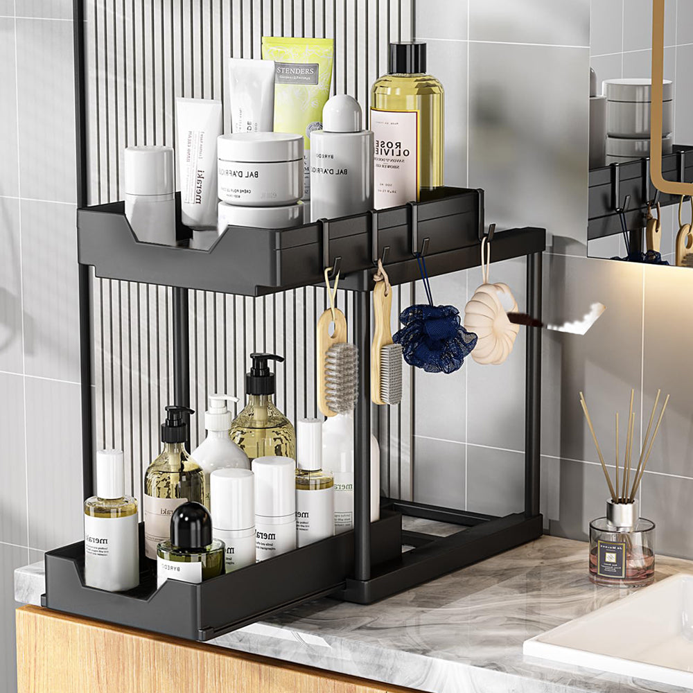 2 Tier Bathroom Cabinet Shelf Organizer Double Sliding Storage Rack with Hook