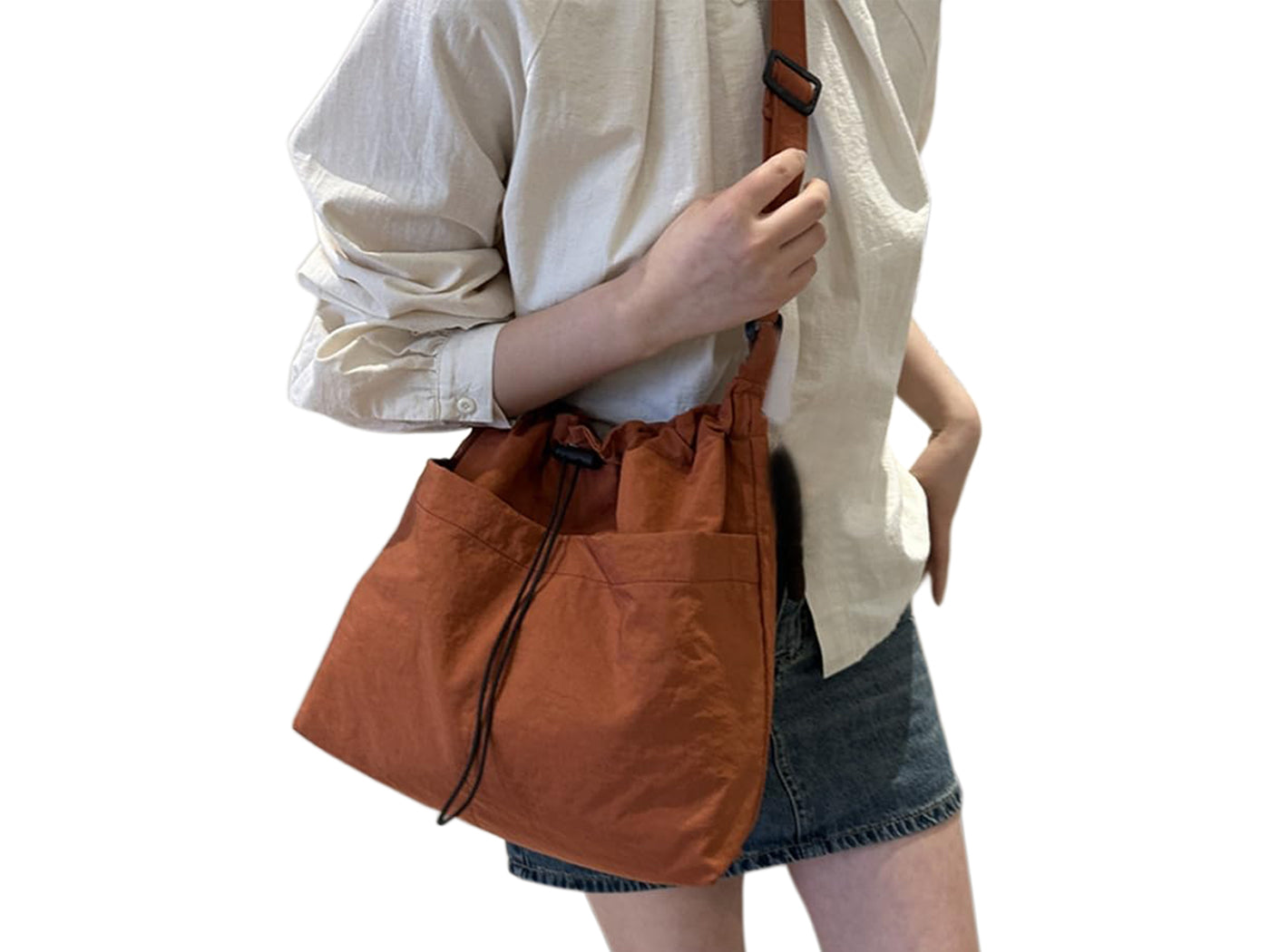 Nylon Crossbody Shoulder Tote Bag Large Capacity Drawstring Bucket Bag
