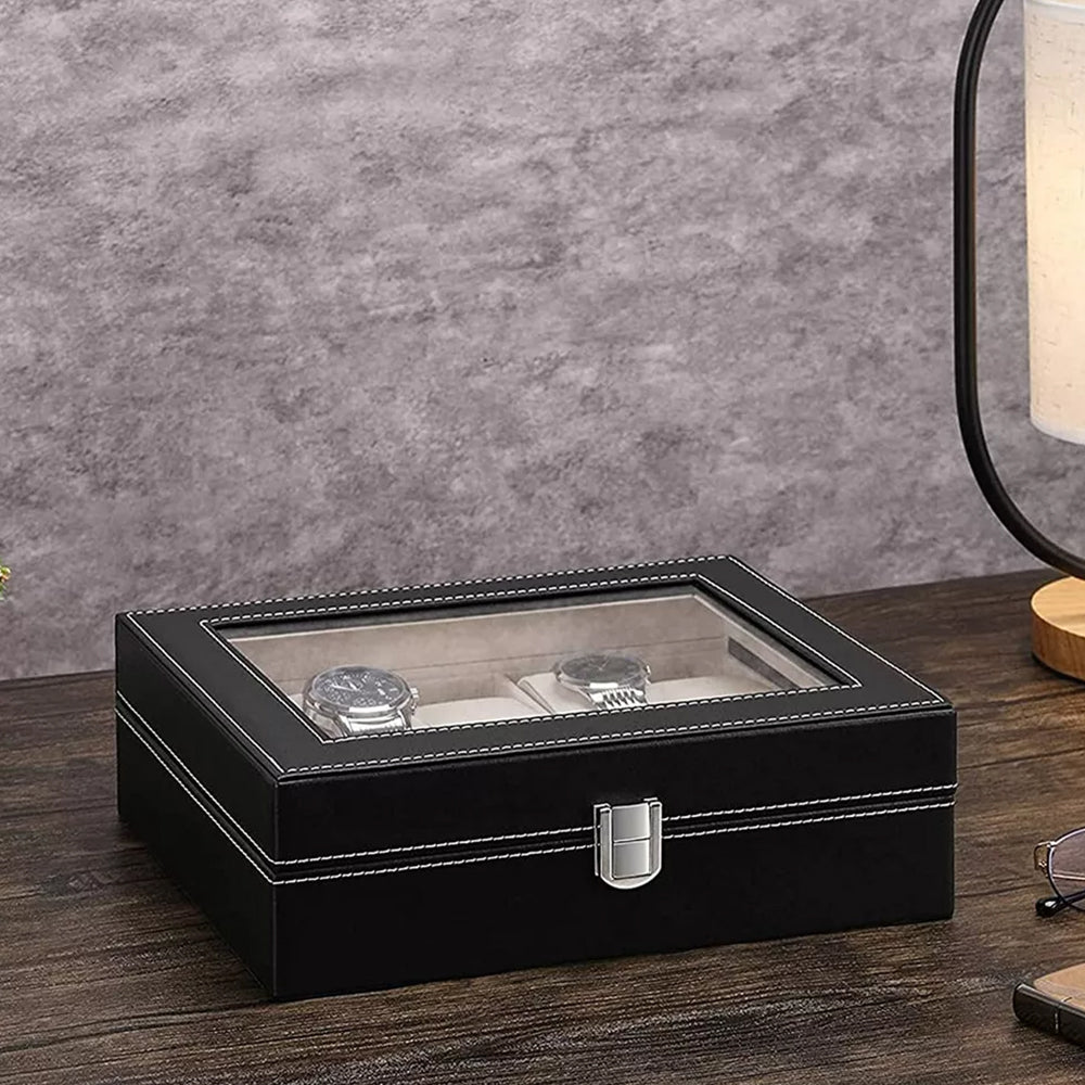6/10/12 Grids PU Leather Watch Box Organizer Display Case with Lock