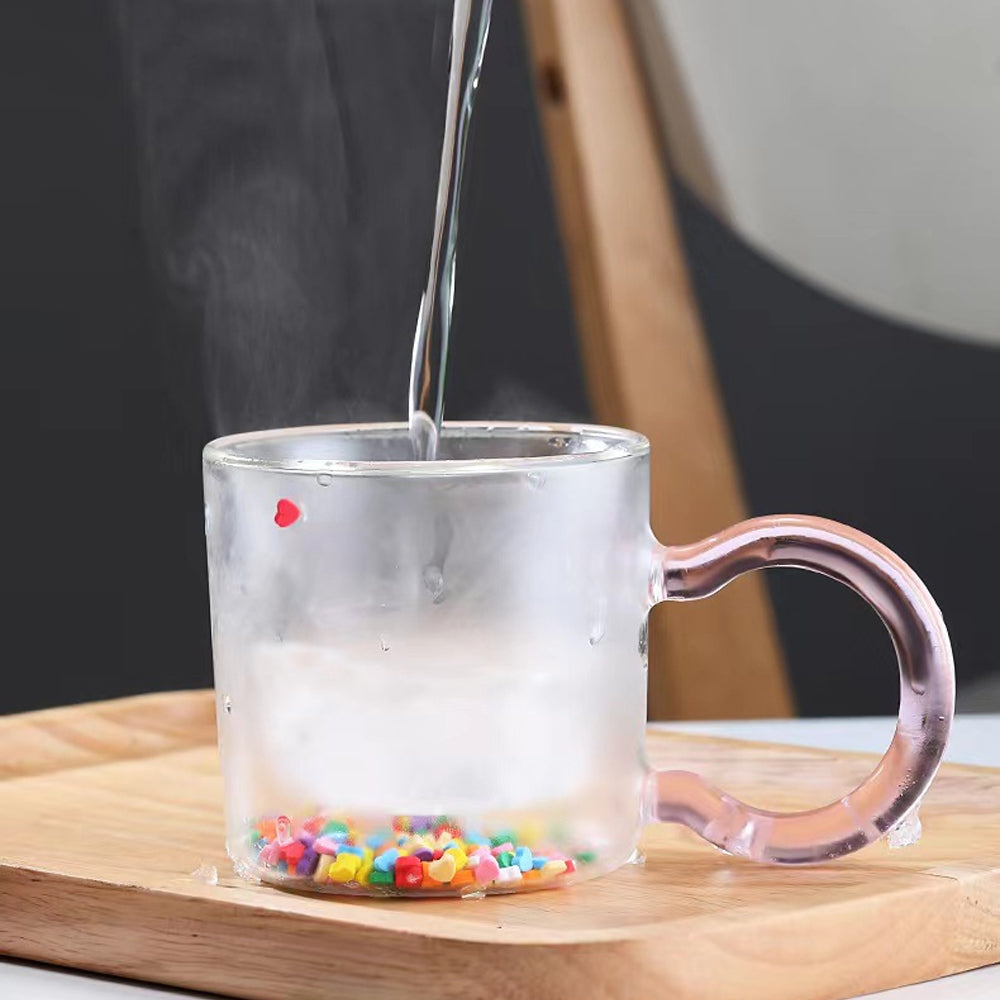 Double Wall Glass Cup with Colorful Love Granule Fillings
