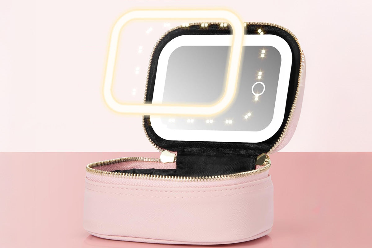 PU Leather Makeup Case Lighted Mirror LED Travel Cosmetic Organizer