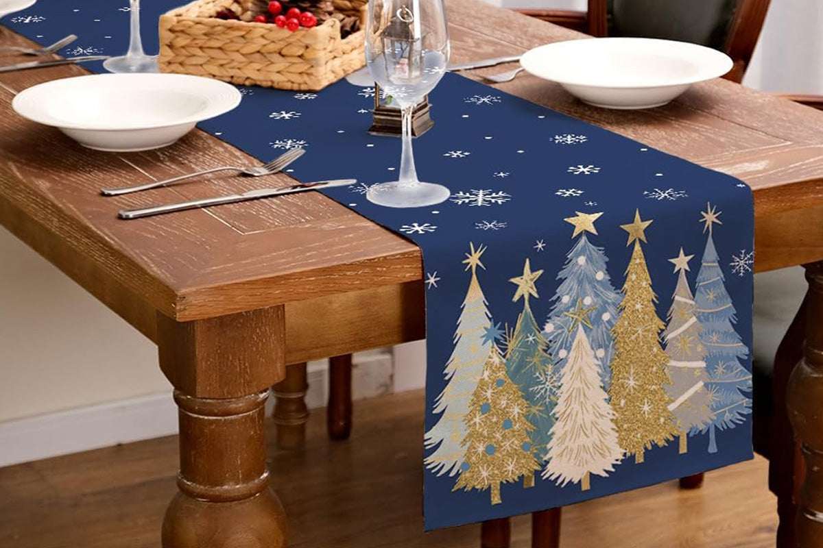 Christmas Table Runner Xmas Trees Tablecloth Cover For Kitchen Dinner Party