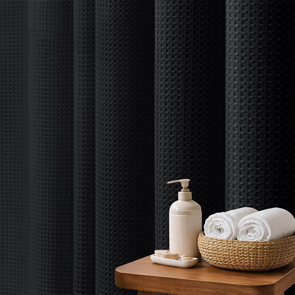 Waffle Weave Water Resistant Shower Curtain with 12 Rustproof Rings-Black