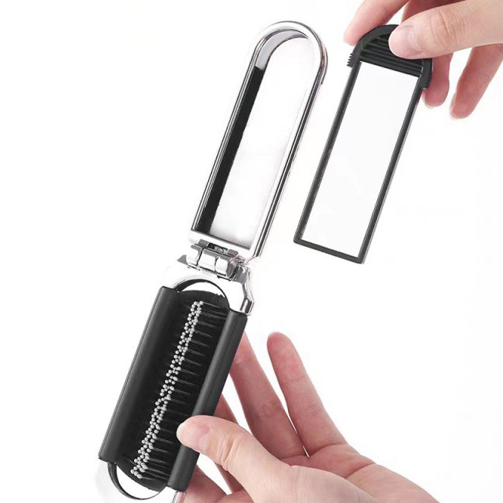 2Pcs Folding Hair Brush with Detachable Makeup Mirror Portable for Travel Student Office