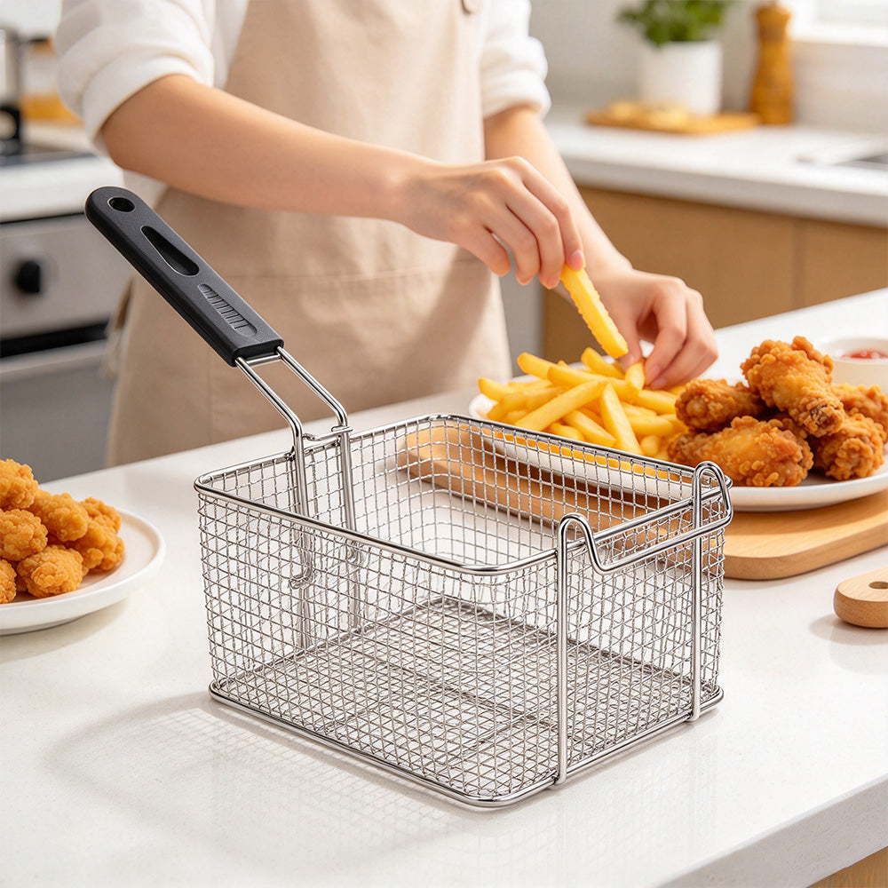 Stainless Steel Deep Fryer Basket with Removable Handle and Hanging Design