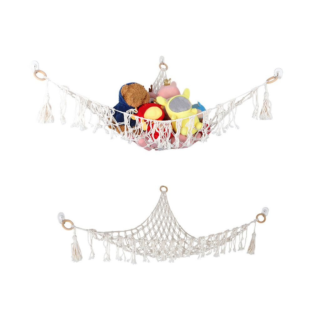 Tassels Boho Plush Toy Hammock with String Light Hanging Storage Net