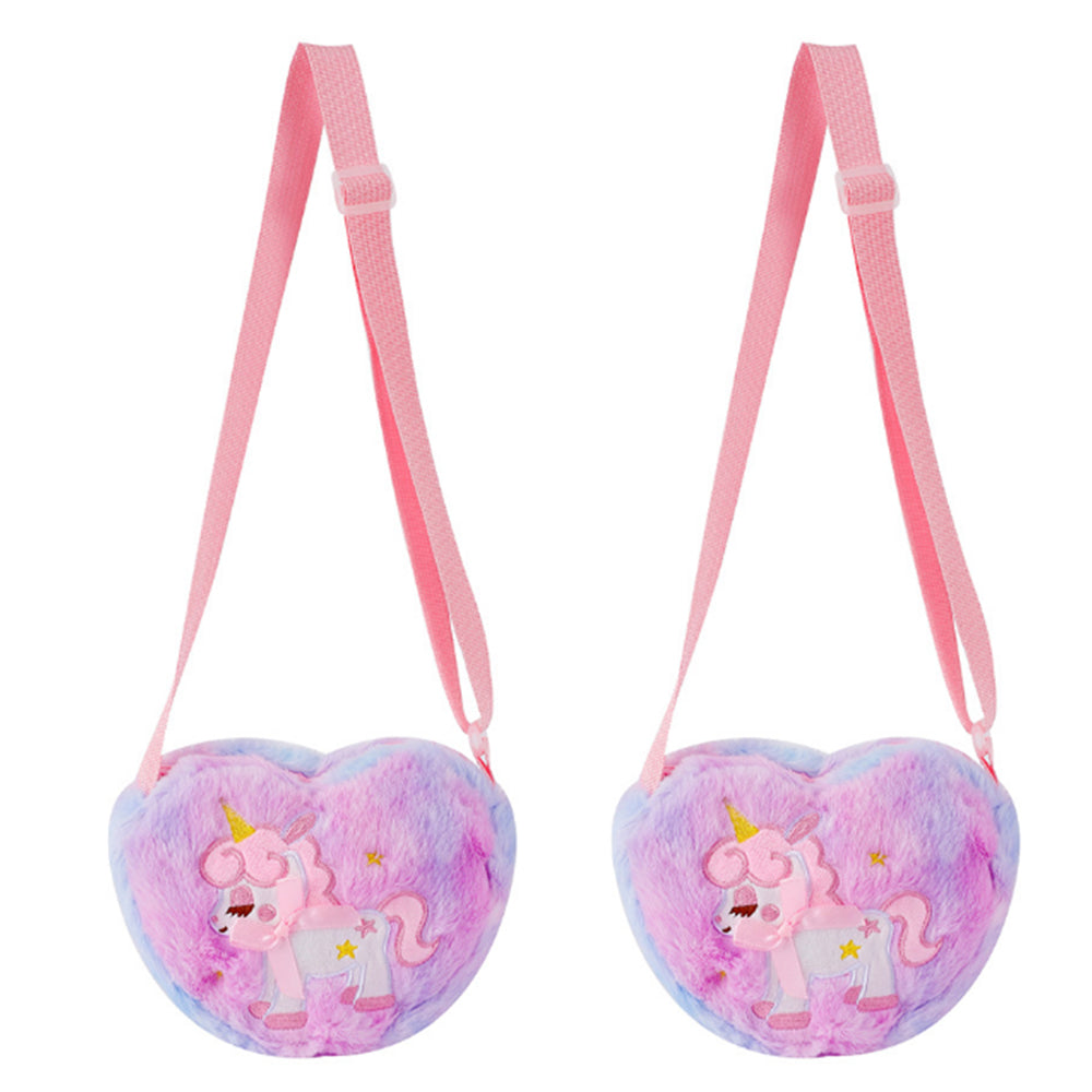 2Pcs Girls Cute Plush Heart Unicorn Embroidery Zipper Crossbody Bag