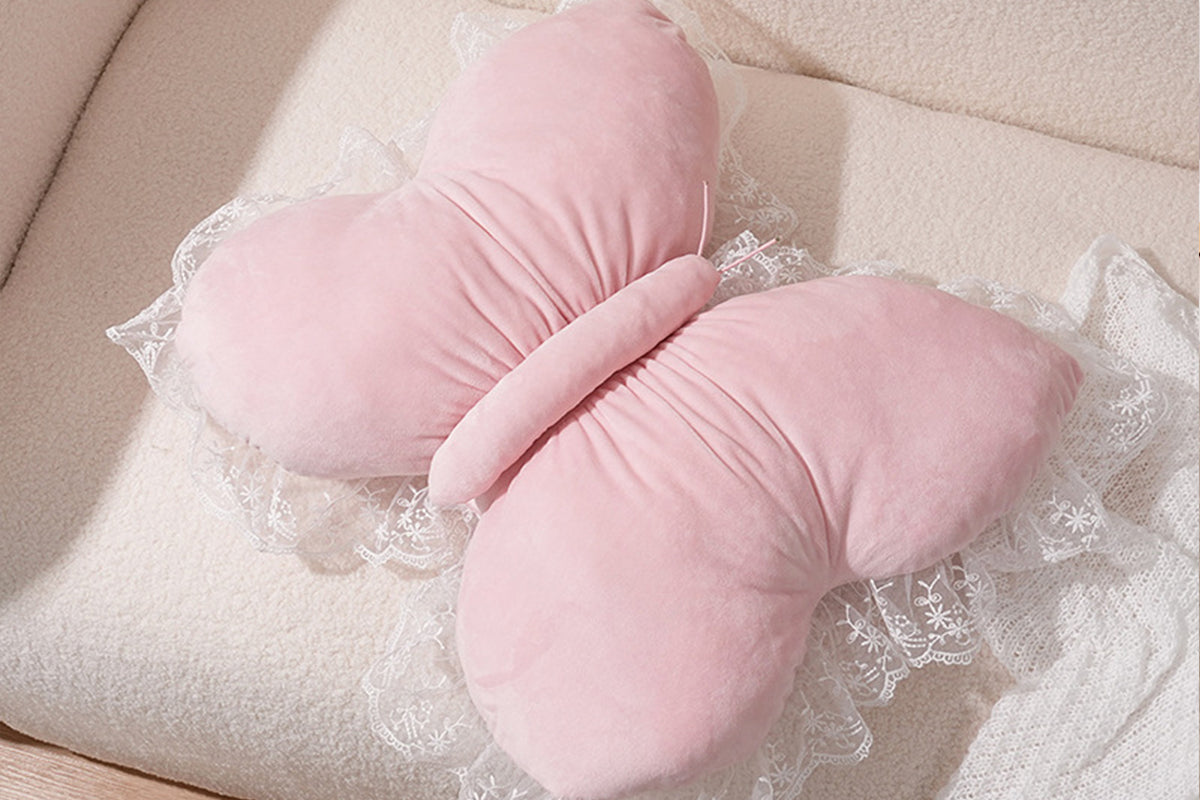 Butterfly Shape Throw Pillow with Lace Ruffle Trim Decorative Cushion Home Decor Cushion Butterfly Velvet Throw Pillow