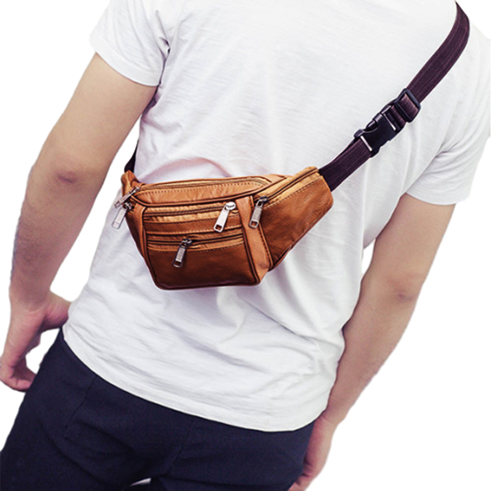 Unisex Genuine Leather Zip Waist Bag