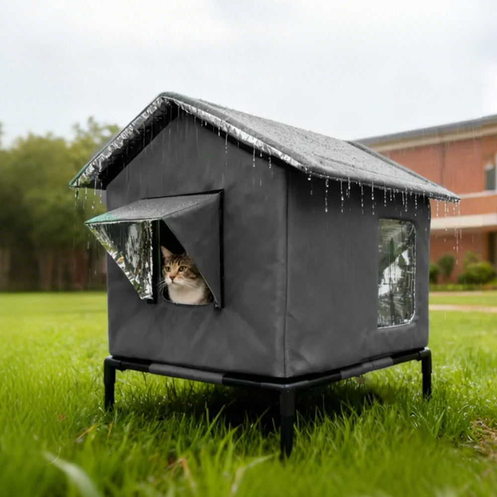 Cat House Indoor Outdoor Insulated Shelter for Small to Medium Cats-Grey