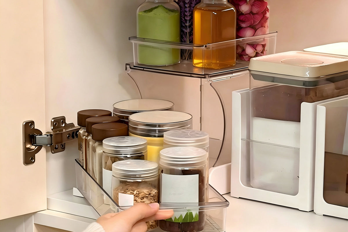 2-Tier Rotatable Pull-Out Storage Rack Kitchen Spice Organizer