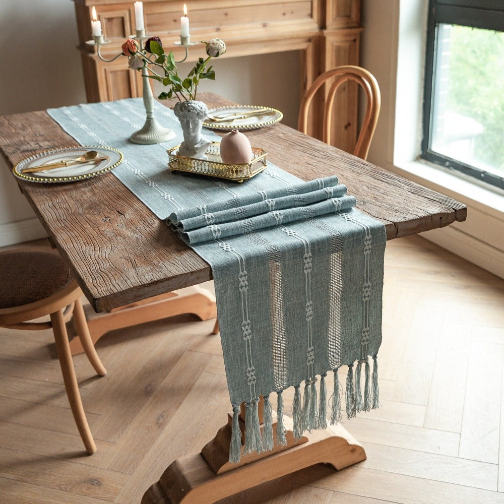 Vintage Farmhouse Woven Table Runner with Tassel for Dining Room Kitchen Reading Dresser