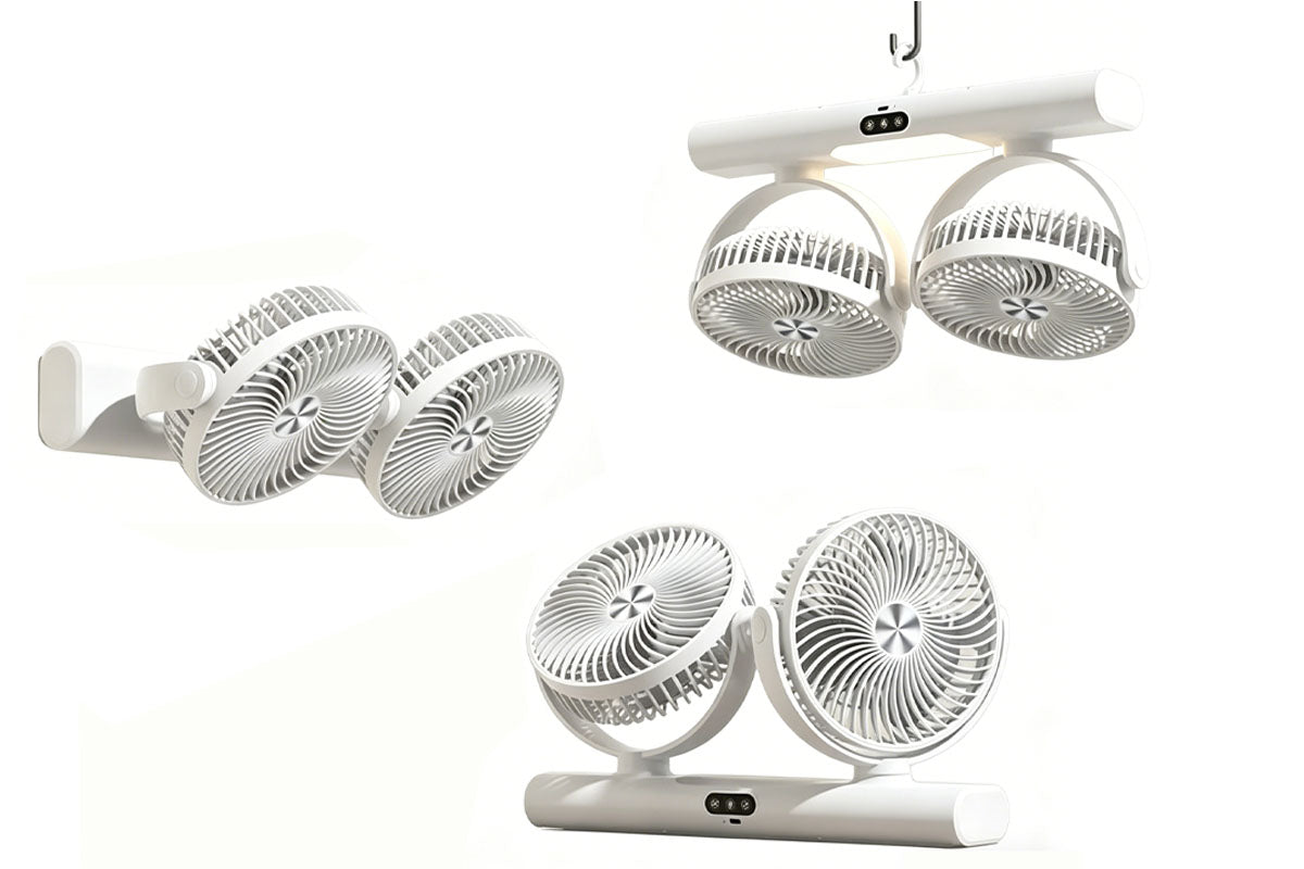 Dual Heads Rechargeable Hanging Fan 3 Speeds Fan with Night Light