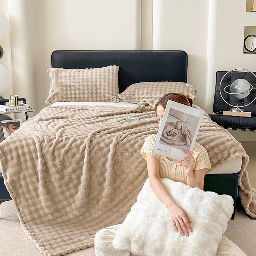 Bubble Fleece Blanket Soft Textured Throw for Sofa Bed Home Decor-Khaki