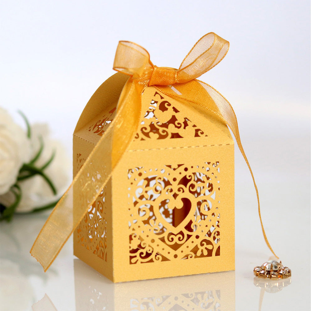 50 Pack Laser Cut Pearl Paper Candy Favor Boxes with Ribbons