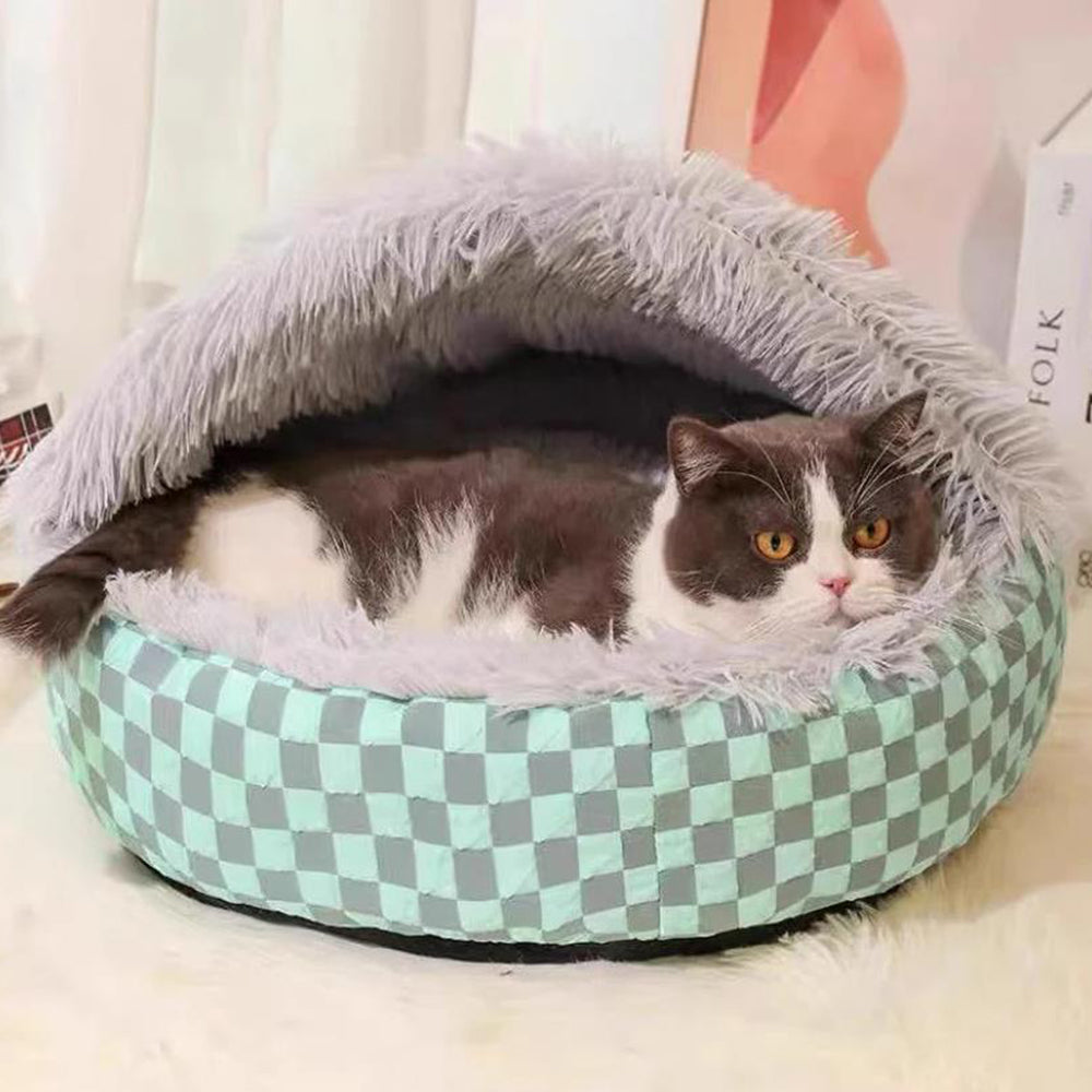 Plush Cushioned Hooded Winter Pet Bed