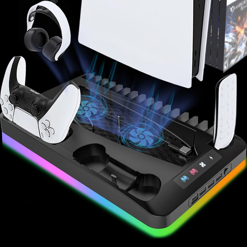 Gaming For PS5 Slim Pro Docking and Cooling Station Charger Headset Holder With RGB Light
