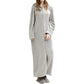 Unisex Long Hooded Zipper Bathrobe Fleece Robes Winter Warm Nightgown Sleepwear Pyjamas-Grey