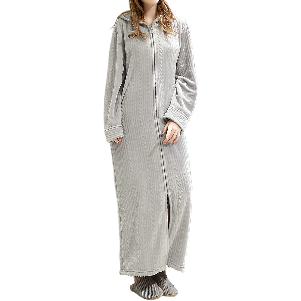 Unisex Long Hooded Zipper Bathrobe Fleece Robes Winter Warm Nightgown Sleepwear Pyjamas-Grey