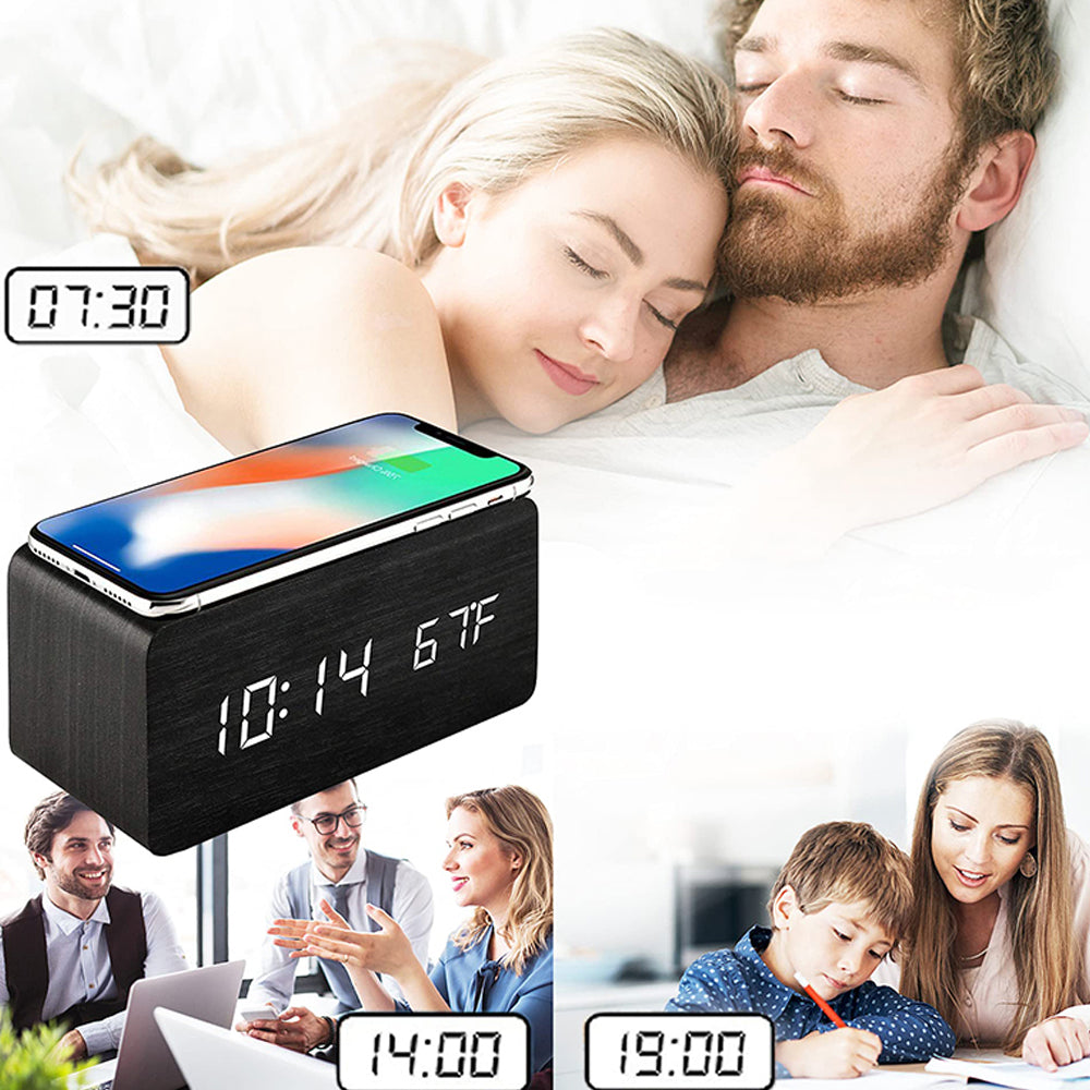 2Pcs Wooden Digital Alarm Clock with Wireless Charger